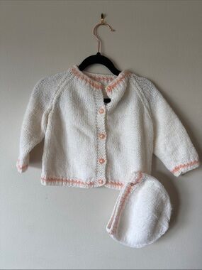 Hand-Knit Baby Cardigan & Bonnet Set in White with Peach Trim